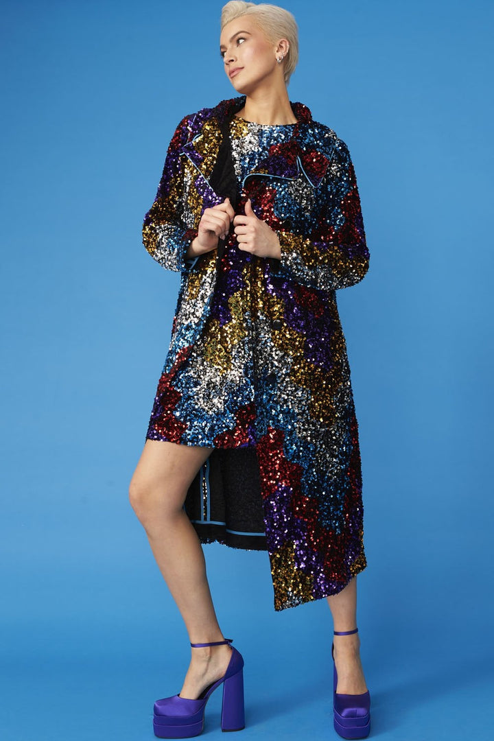 Multi Coloured Sequin Trench Coat with Removable Blue Faux Fur Collar-4