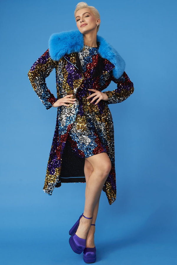 Multi Coloured Sequin Trench Coat with Removable Blue Faux Fur Collar-0