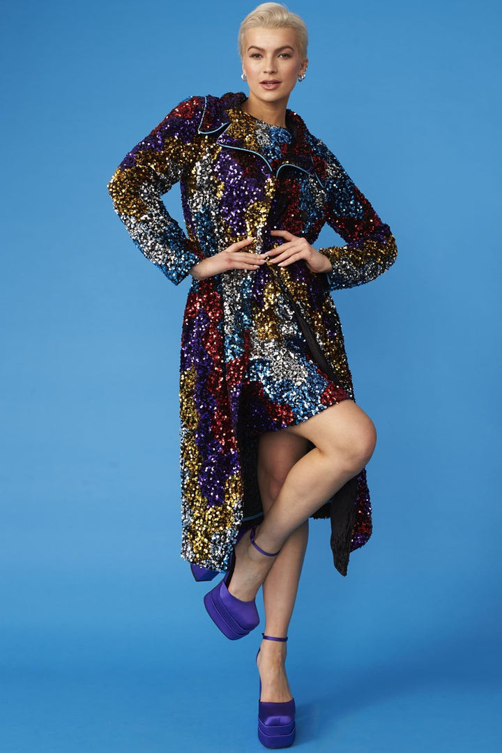 Multi Coloured Sequin Trench Coat with Removable Blue Faux Fur Collar-2