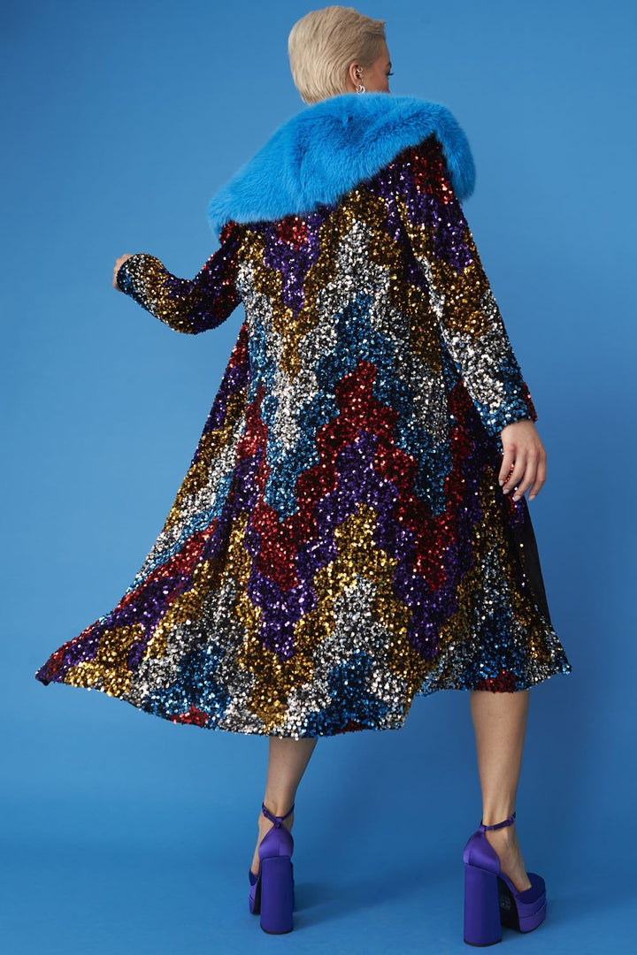 Multi Coloured Sequin Trench Coat with Removable Blue Faux Fur Collar-1