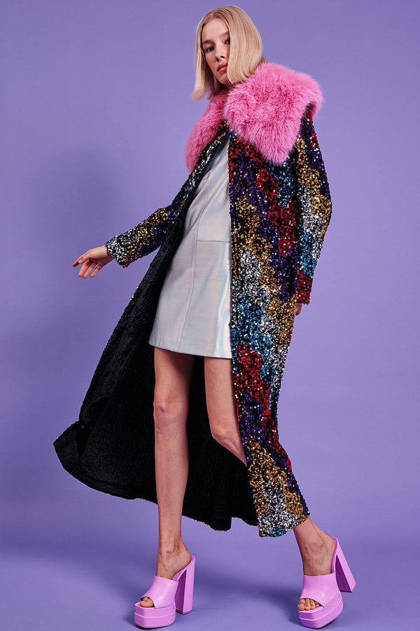 Black Sequin Velvet Trench Coat with Pink Faux Fur Collar-0