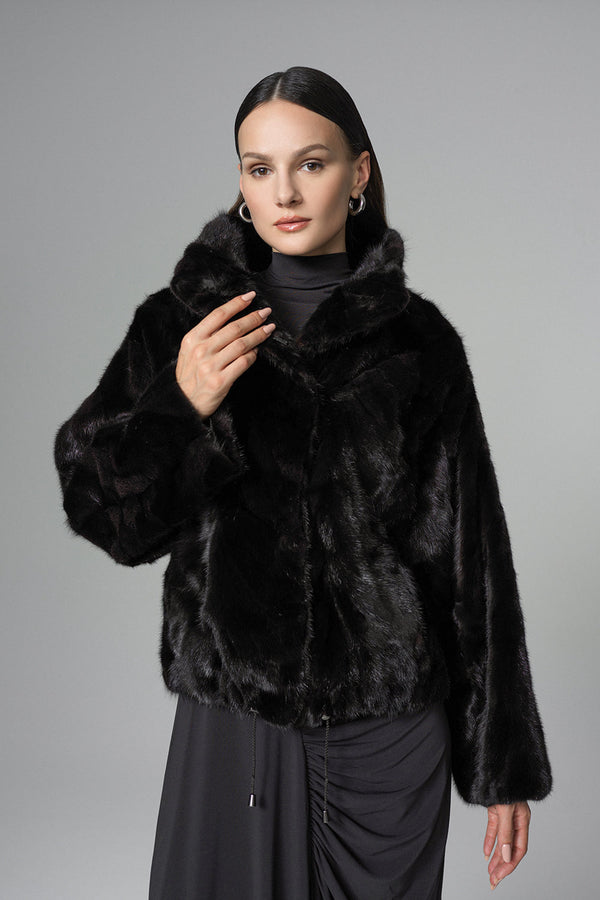 Black Natural Mink Fur Jacket with Nutria Fur Trims-0
