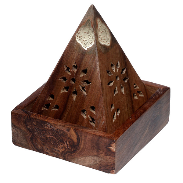 Sheesham Wood Pyramid Incense Cone Burner Box with Buddha & Fretwork IF245-0