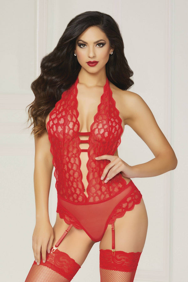 Seven 'til Midnight - Feather Galloon Lace and Mesh Teddy