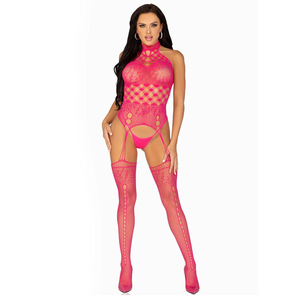 Leg Avenue High Neck Halter Net And Lace Suspender UK 6 to 12-0