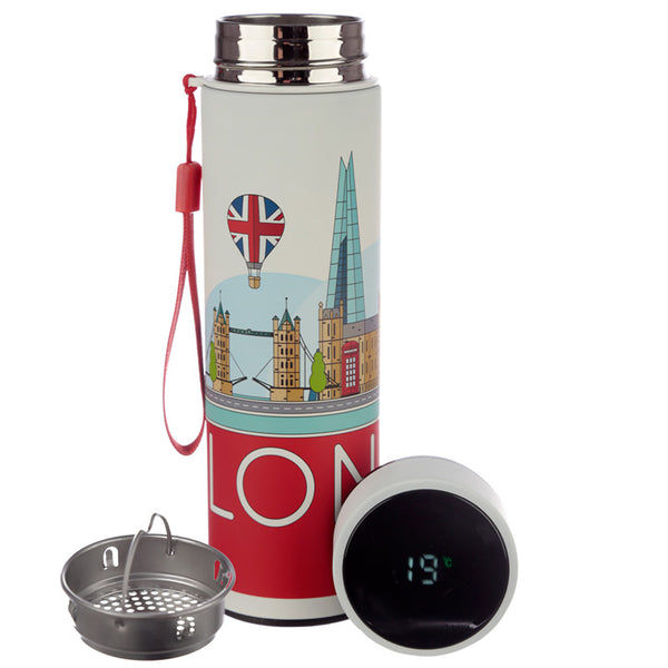 Reusable Stainless Steel Hot & Cold Insulated Drinks Bottle Digital Thermometer - London Icons BOT85-0