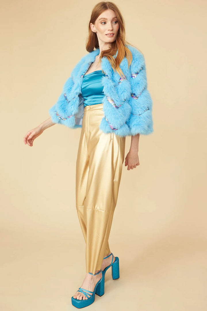 Bamboo Sequin Eco Faux Fur Coat in Blue-3