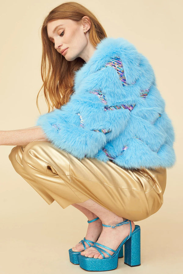 Bamboo Sequin Eco Faux Fur Coat in Blue-0