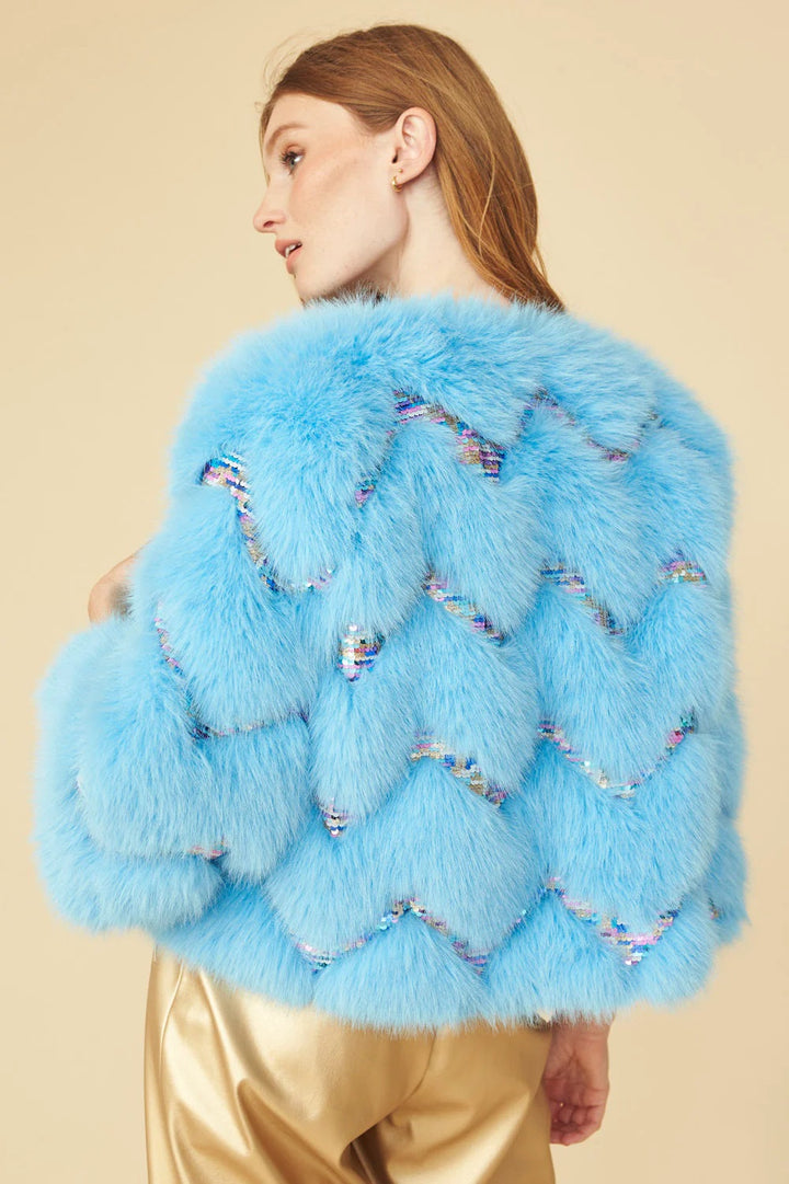Bamboo Sequin Eco Faux Fur Coat in Blue-1
