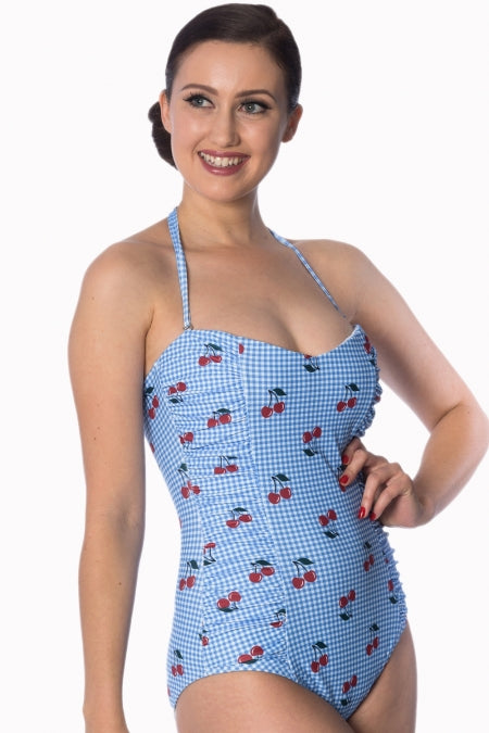 Banned Apparel - Cherry Love Halter Blue Swimsuit Plus Size - Egg n Chips London