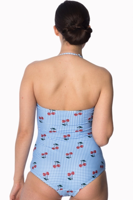 Banned Apparel - Cherry Love Halter Blue Swimsuit Plus Size - Egg n Chips London