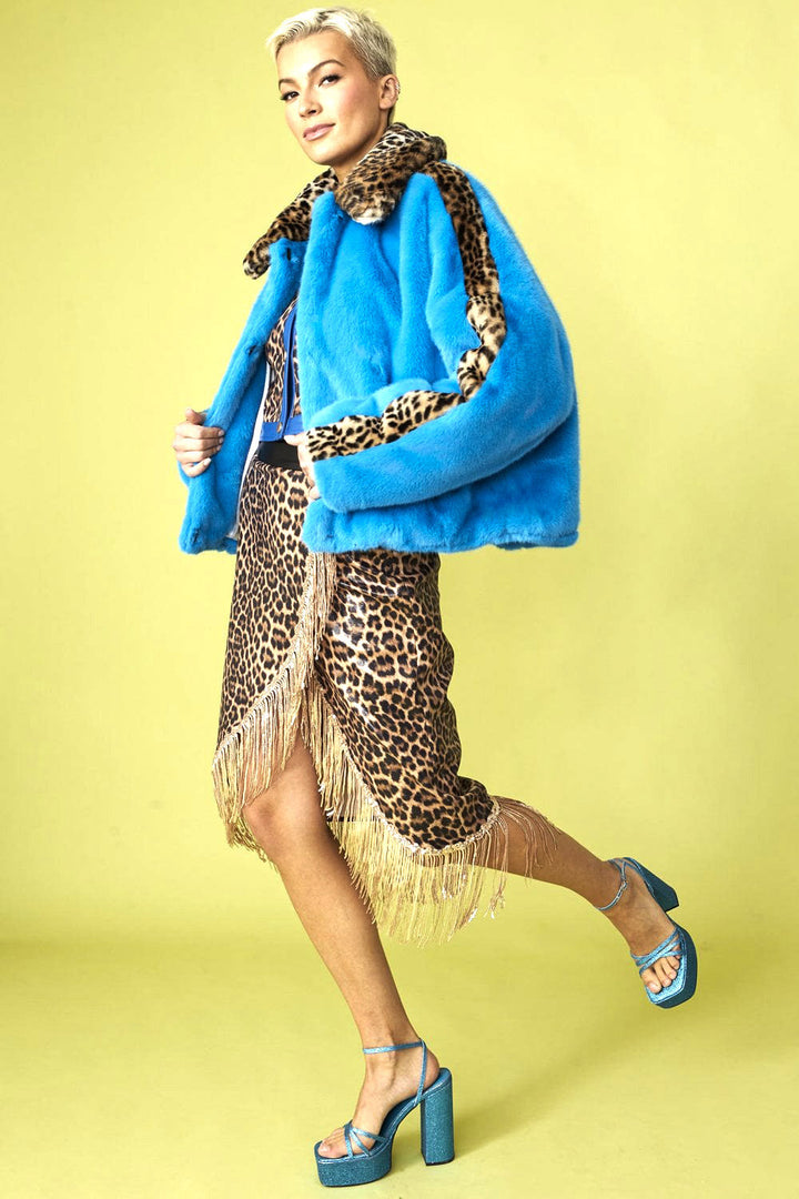 Blue and Leopard Print Faux Fur Coat-1
