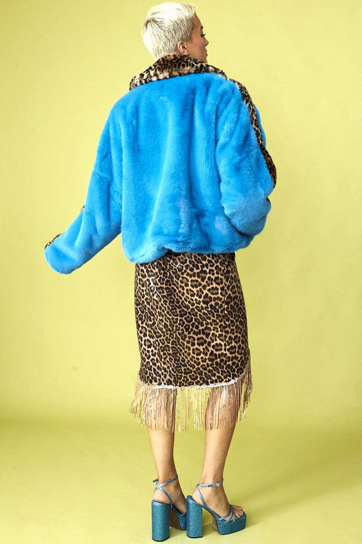 Blue and Leopard Print Faux Fur Coat-3