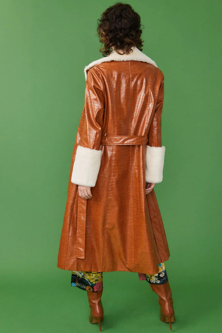 Choocolate Faux Leather Maxi Coat with Fur Cuffs and Collar-3