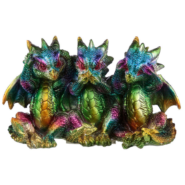 Hear No See No Speak No Metallic Rainbow Dragon Figurine DRG469