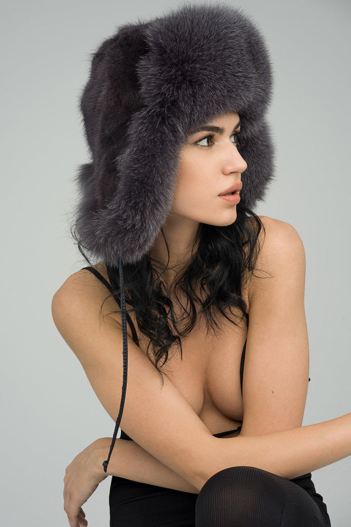 Gray Genuine Arctic Fox and Mink Fur Hat-1