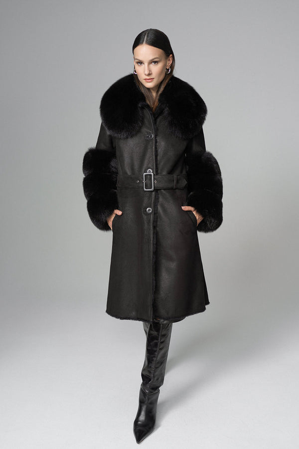 Black Genuine Maxi Lambskin Overcoat with Arctic Black Fox Fur Collar and Cuffs-0