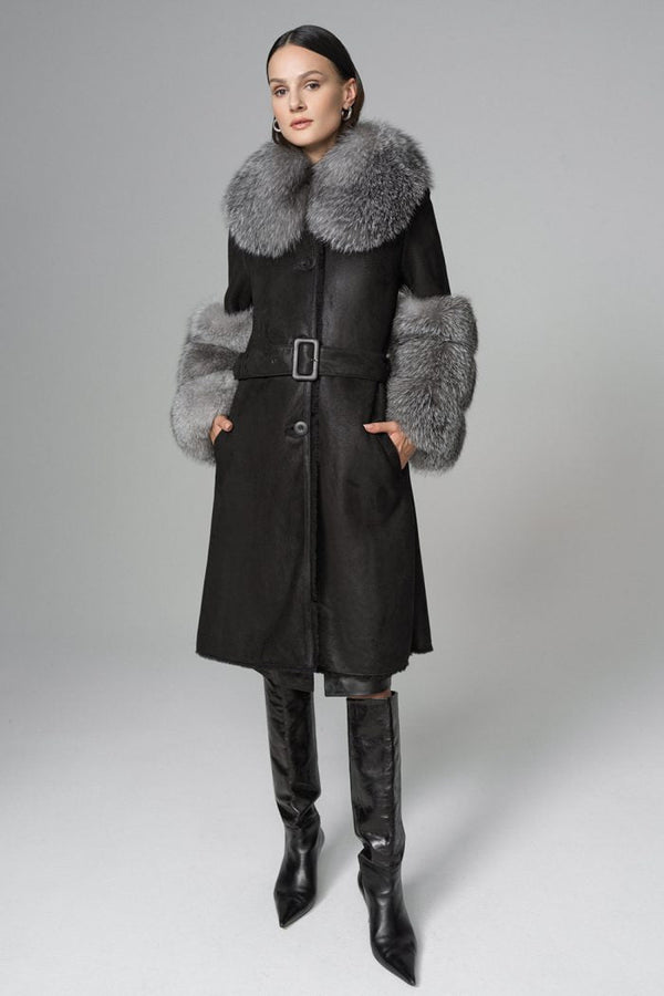 Black Genuine Maxi Lambskin Overcoat with Arctic Silver Fox Fur Collar and Cuffs-0