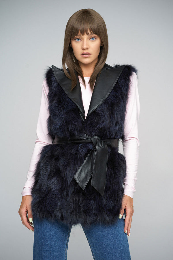 Purple Genuine Fox Fur Vest with Leather Belt-0