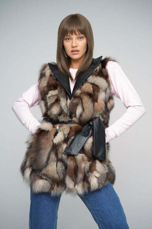 Brown Genuine Fox Fur Vest with Leather Belt-0