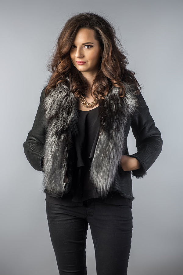 Black Merino Shearling Jacket with Arctic Fox Fur Collar-0
