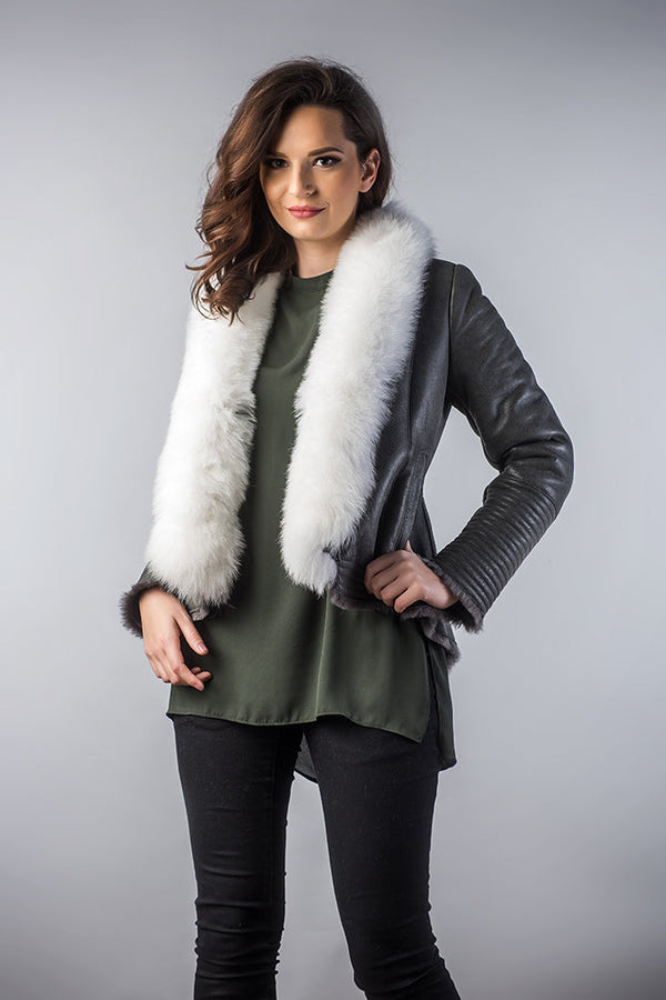 Gray Merino Shearling Jacket with Arctic Fox Fur Collar-0