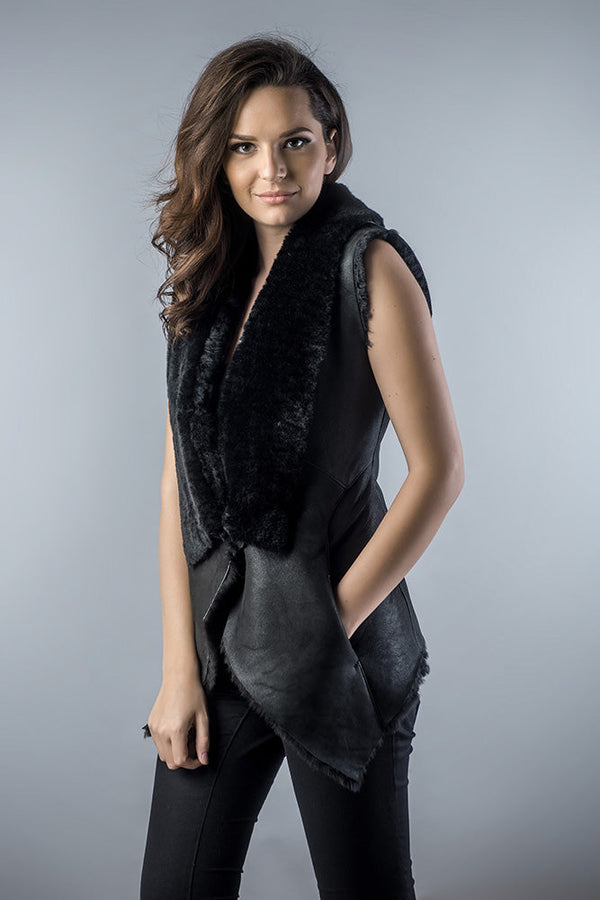 Black Genuine Nappa Lambskin Merino Fur Vest-0