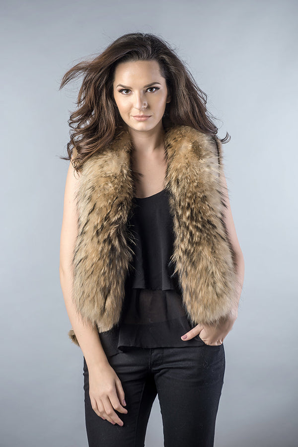 Beige Lamb Nappa Leather Vest with Racoon Fur Detailing-0