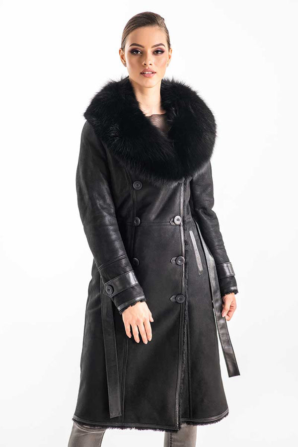 Black Genuine Merino Shearling Coat with Arctic Fox Fur Collar-0