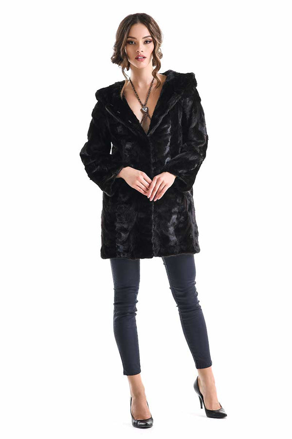 Dark Brown Hooded Genuine Mink Fur Coat with Leather Belt-0