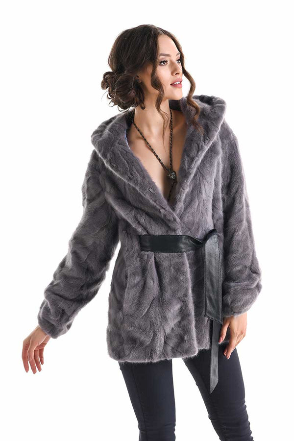 Gray Hooded Genuine Mink Fur Coat with Leather Belt-0