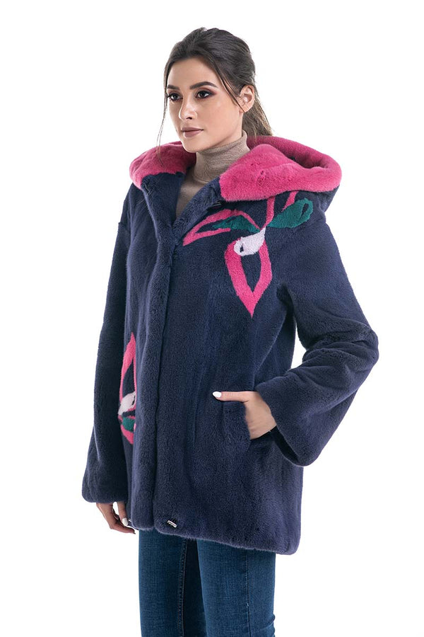 Purple Floral Patterned Genuine Hooded Mink Fur Coat-0