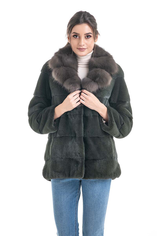 Olive Genuine Mink Fur Coat with Marten Fur Collar-0