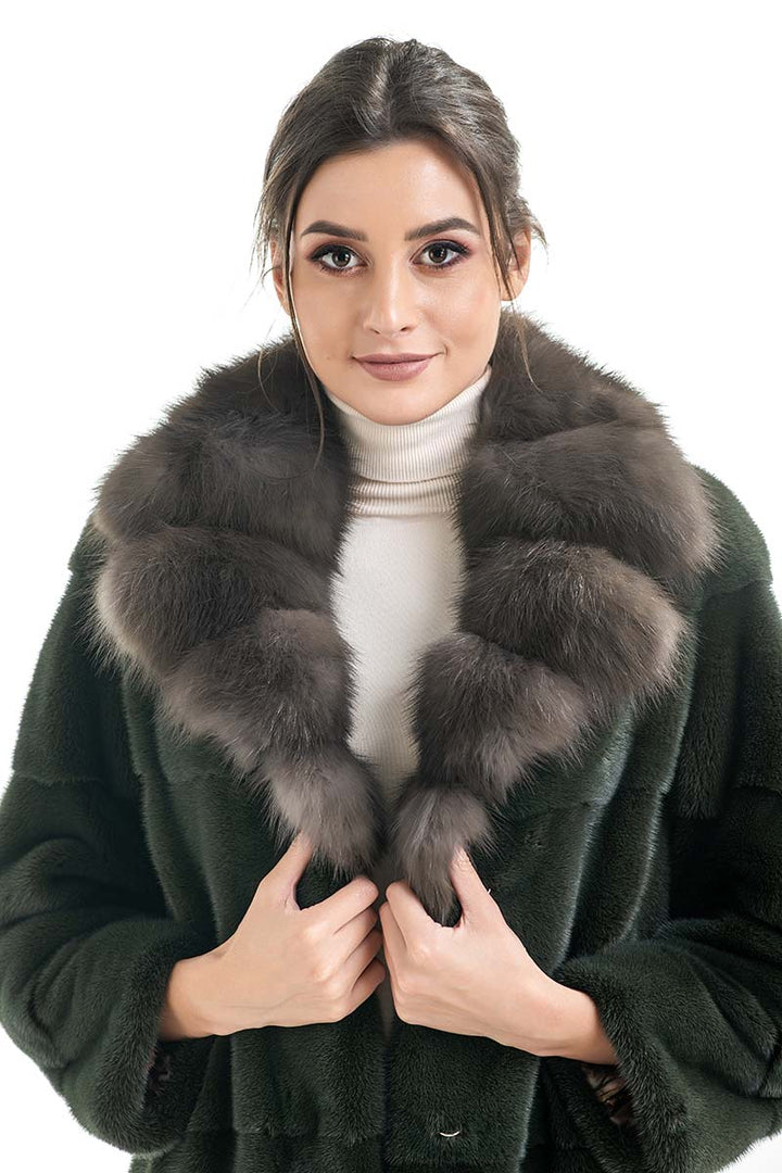 Olive Genuine Mink Fur Coat with Marten Fur Collar-2