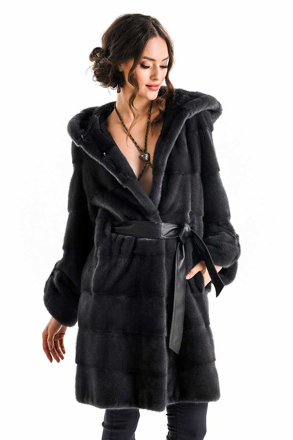 Anthracite Elegant Genuine Mink Fur Hooded Coat-0