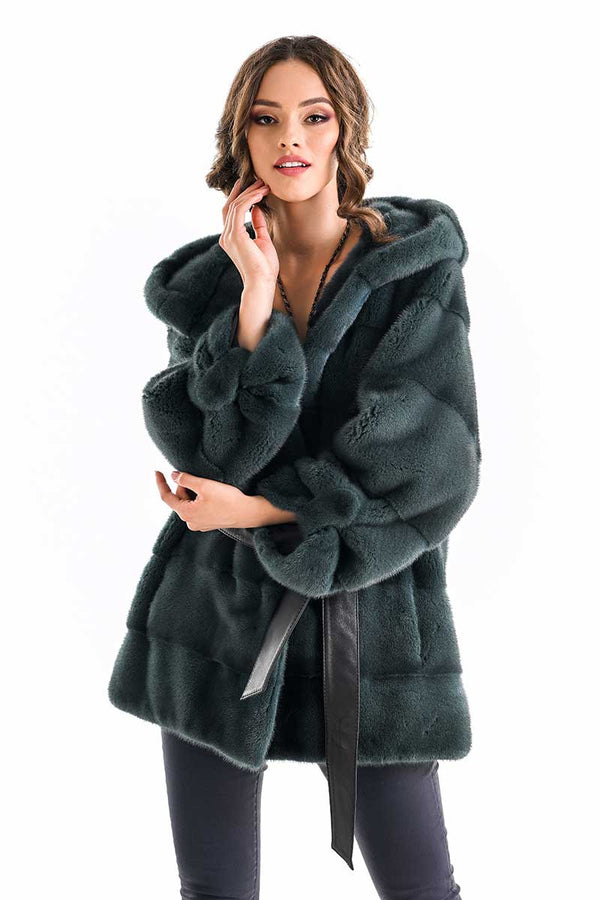 Olive Elegant Genuine Mink Fur Hooded Coat-0