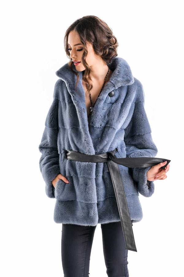 Blue Gray Shaded Genuine Mink Fur Coat-0