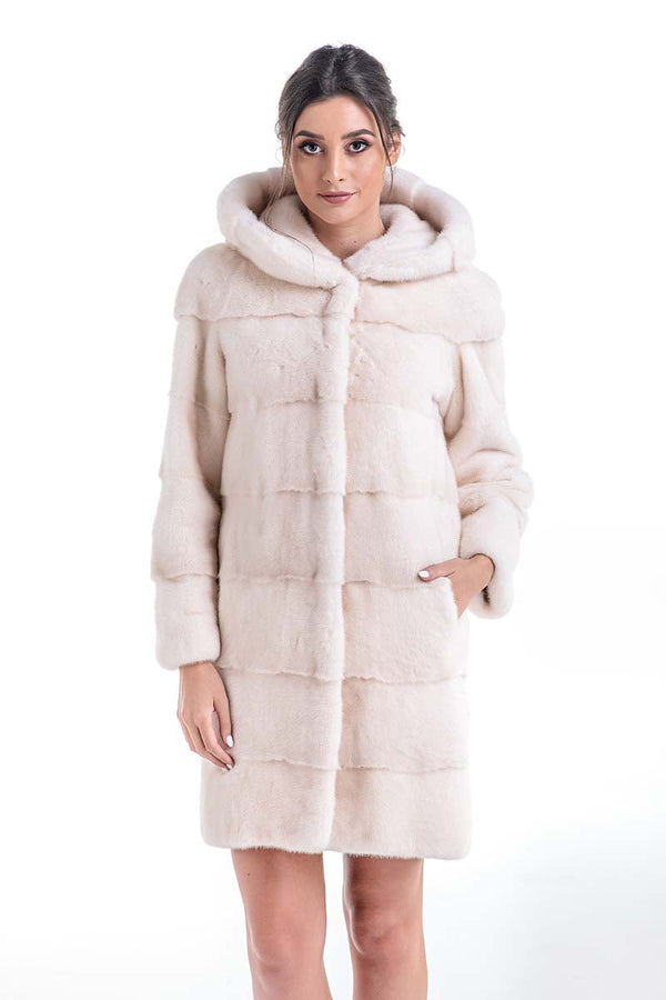 Luxury Ivory Natural Hooded Mink Fur Coat-0