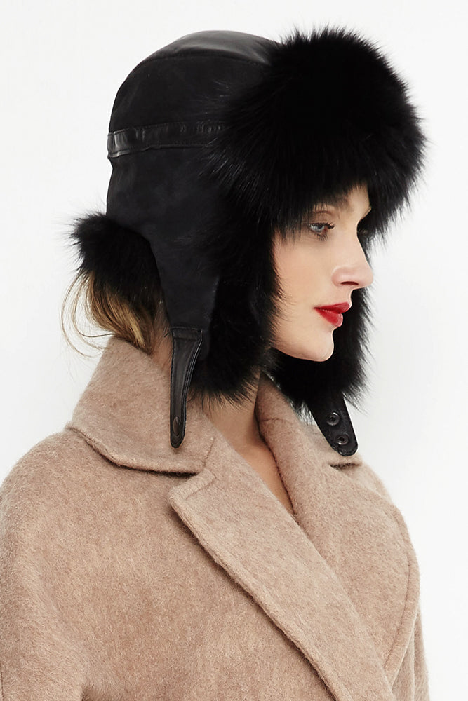 Black Genuine Arctic Fox Fur and Nappa Lamb Leather Hat-1