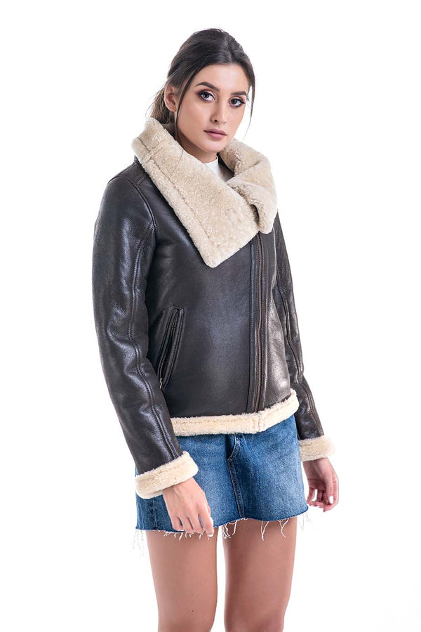 Brown Shearling Leather Jacket with Merino Fur Detailing-0