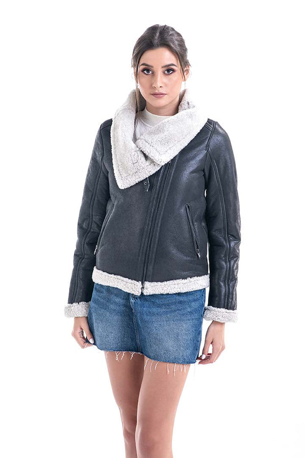 Gray Shearling Leather Jacket with Merino Fur Detailing-0