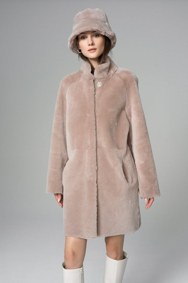 Pink Reversible Genuine Merino Wool Sheepskin Midi Coat-0
