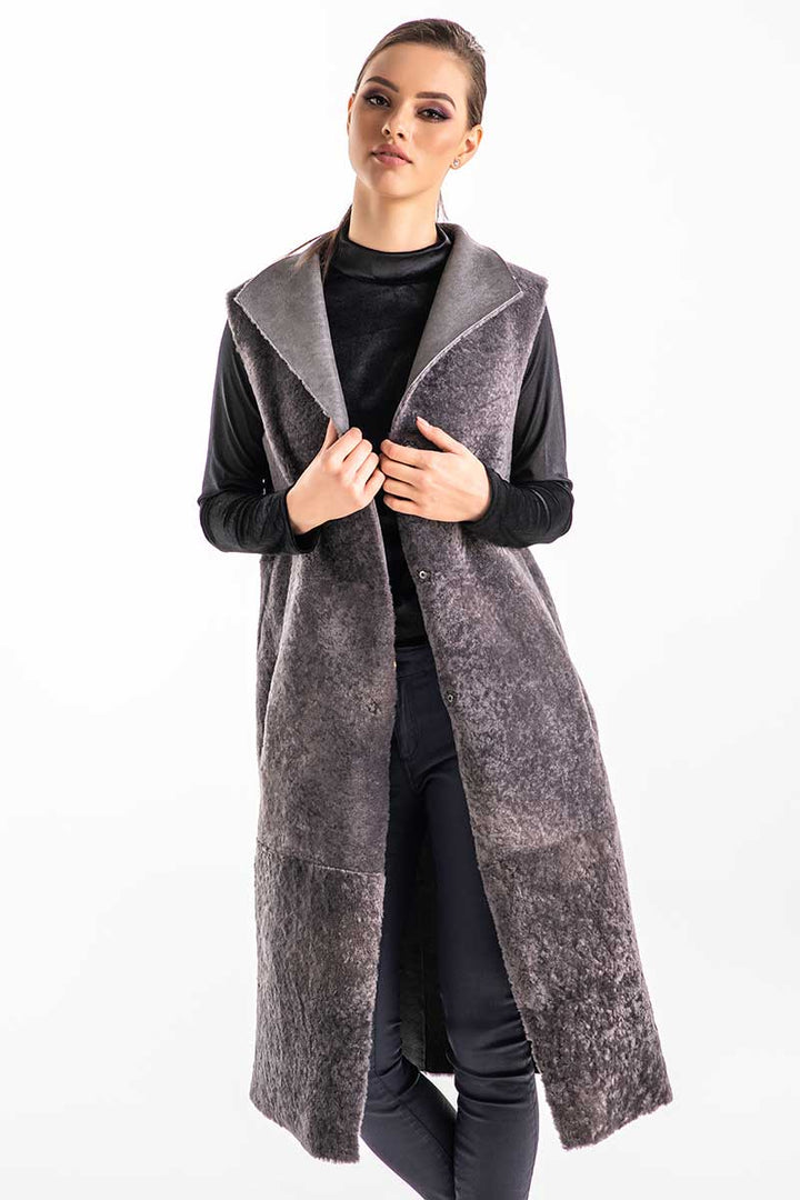 Gray Double Face Geniune Nappa Lamb Leather Mouton Long Fur Vest-2