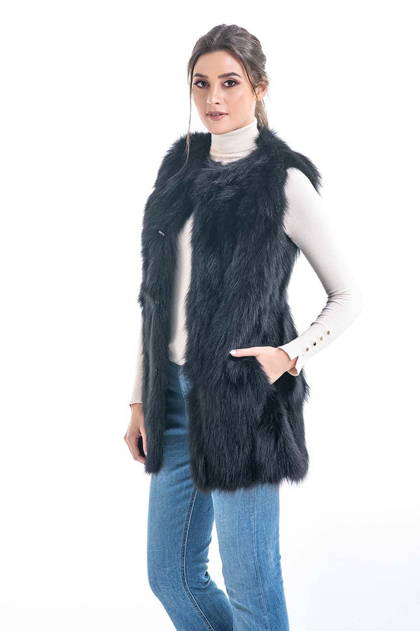 Black Genuine Fox Fur Vest-0