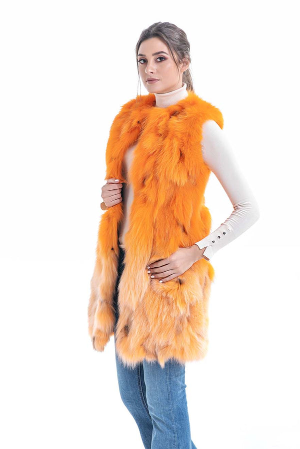 Orange Genuine Fox Fur Vest-0