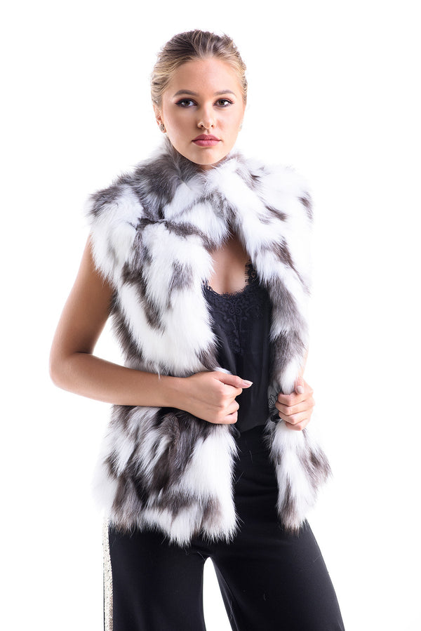 Black White Genuine Arctic Polar Fox Fur Vest-0