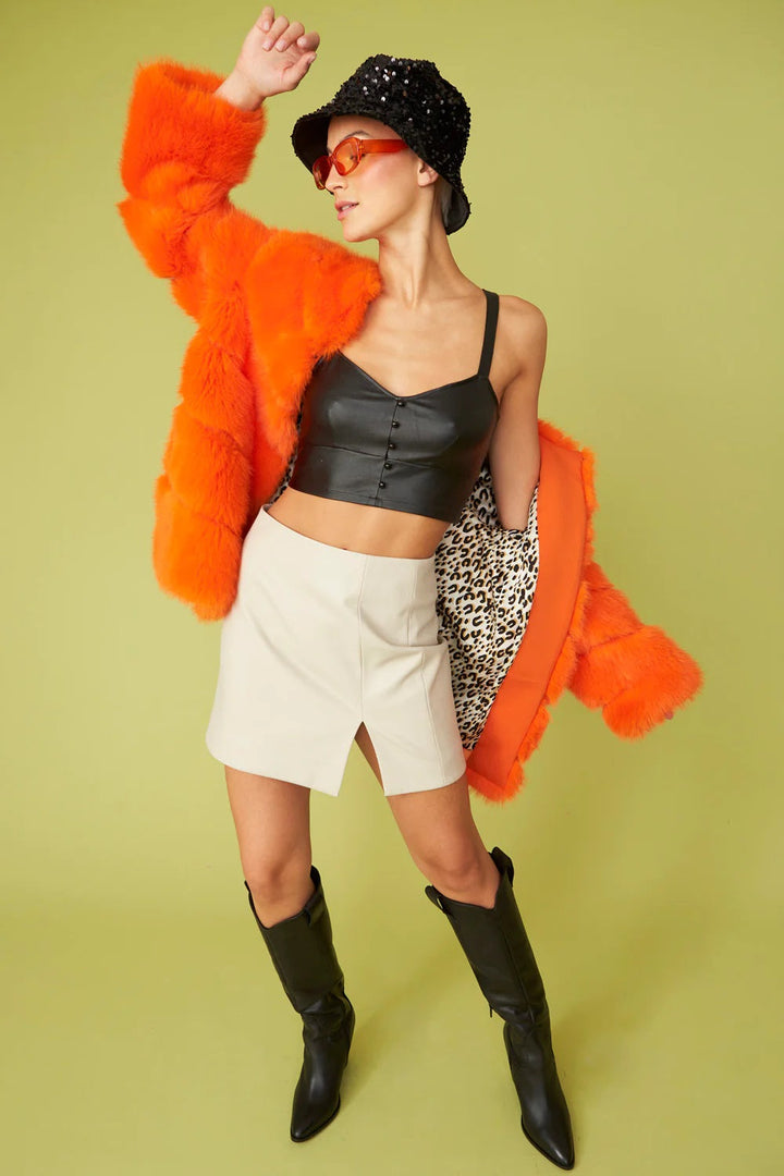 Gaga Faux Fur Striped Orange Coat-2