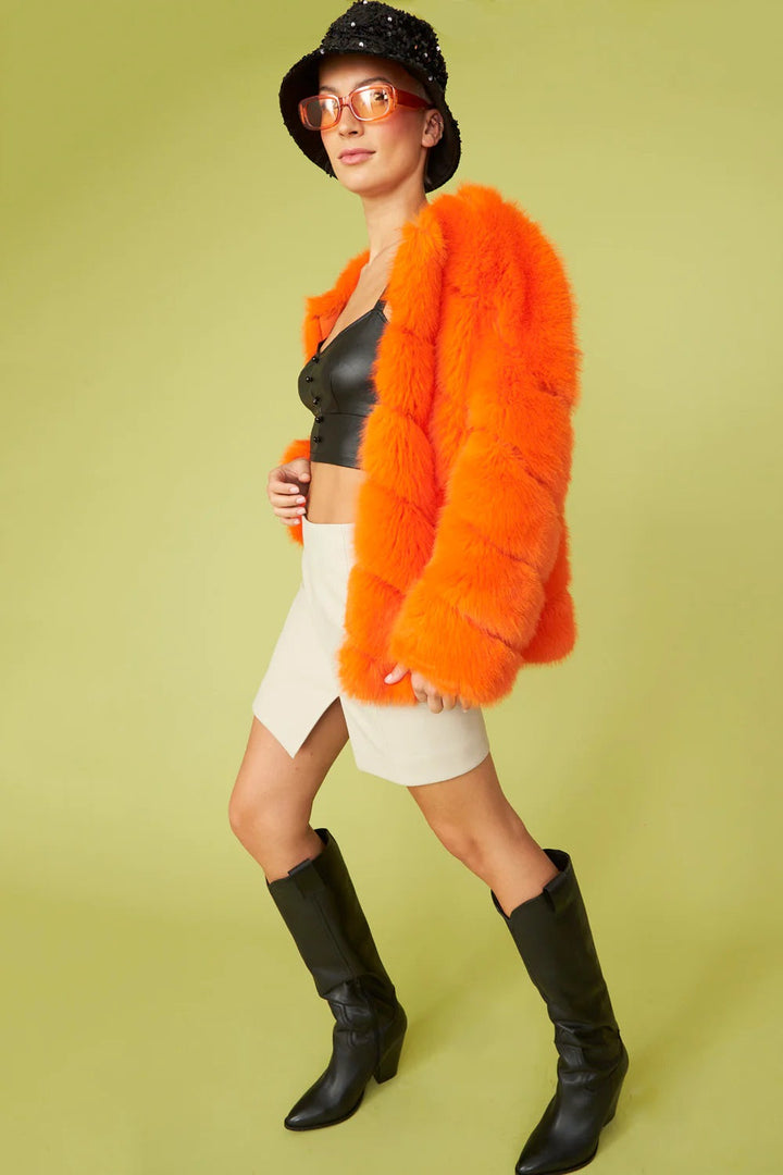 Gaga Faux Fur Striped Orange Coat-3