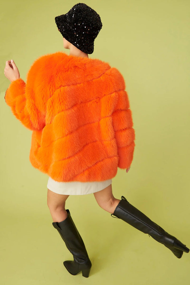 Gaga Faux Fur Striped Orange Coat-4
