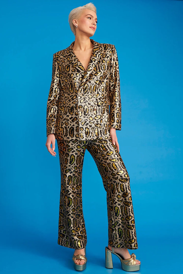 Gold Bamboo Animal Print Sequin Trousers-1